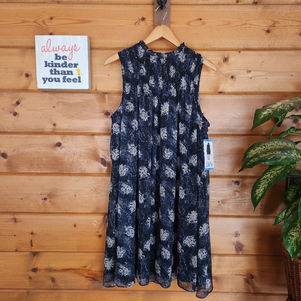 Joie 💜 NWT Baltic Print Mini Swing Dress Sheer Pleated Ruffle Trim Shirred Sz L